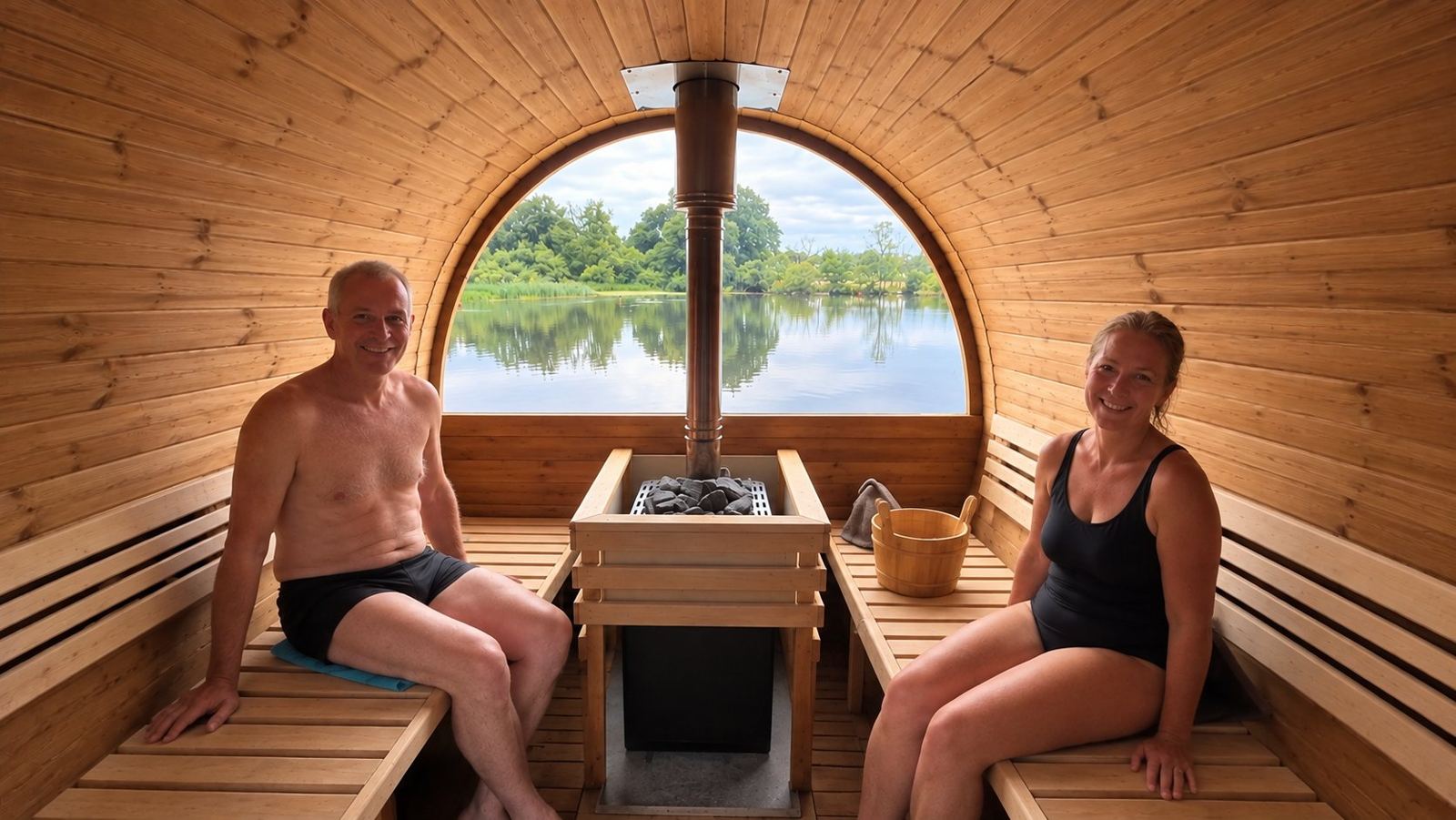 Two guests relaxing on the benches, with the river framed in the round window